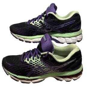 Asics Gel Nimbus 18 Running Shoes Womens Black Purple Green T557N Size 6.5